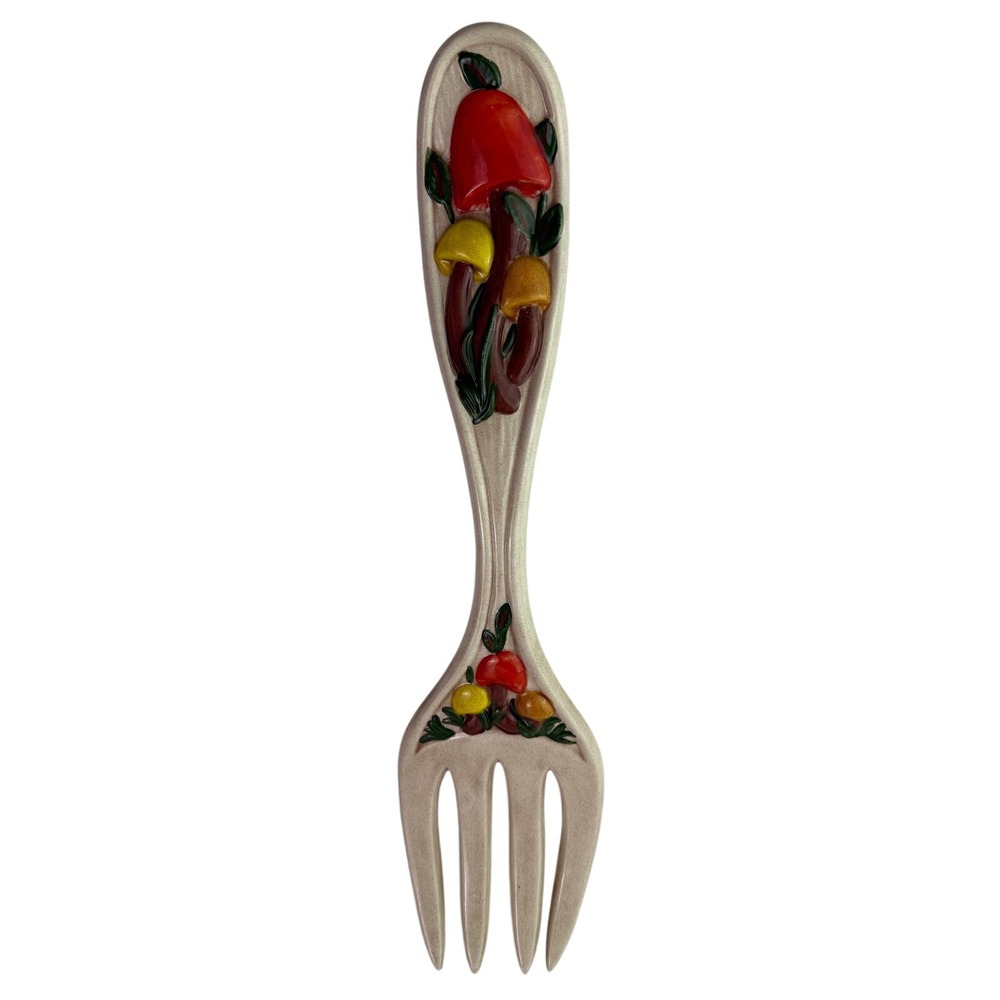Vtg Large Ceramic Mushroom Themed Fork Wall Hanging 70s Woodland Cottagecore